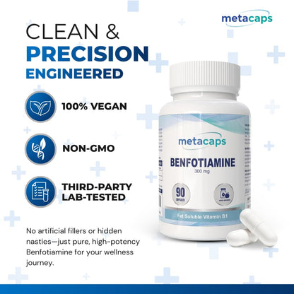MetaCaps Benfotiamine 300mg Supplement – 90 Veg Capsules | High Absorption Fat-Soluble Vitamin B1 | Supports Nerve Health, Sugar Metabolism & Cellular Energy | Non-GMO & Vegan Friendly