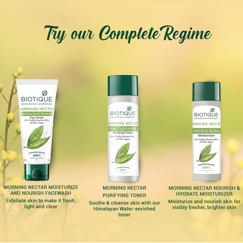 Biotique skincare products with product descriptions on a yellow background