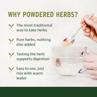 Person adding powdered herbs to a glass of water with text explaining benefits.