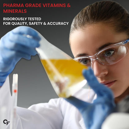 Person in a lab setting with text about pharma-grade vitamins and minerals