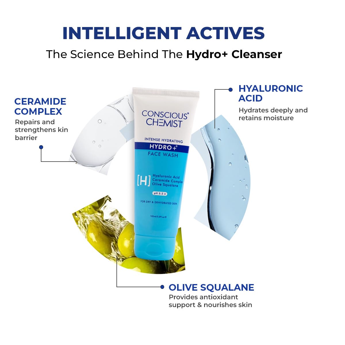 Conscious Chemist Hydro+ Face Wash with labeled ingredients on a white background