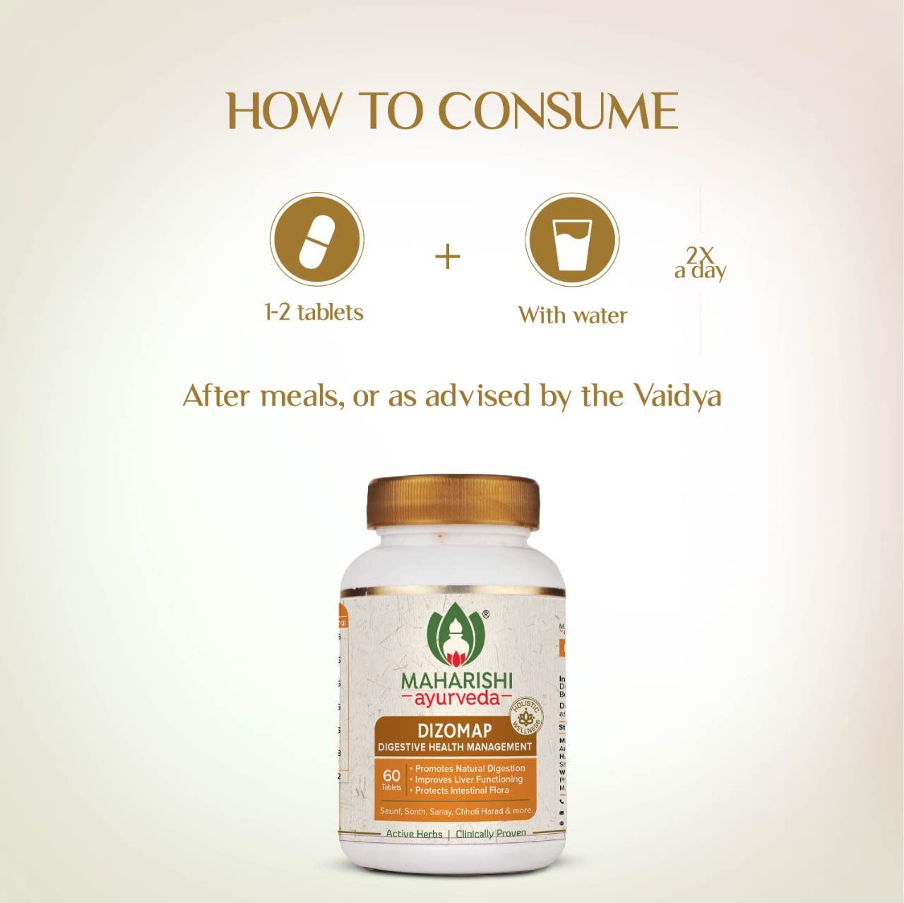 Zephivo Maharishi Ayurveda Dizomap, Ayurvedic Tablet Medicine For Indigestion & Constipation, Improves Liver Functioning & Intestinal Flora, Saunf, Sonth, Sanay & Chhoti Harad, 60 Tablets
