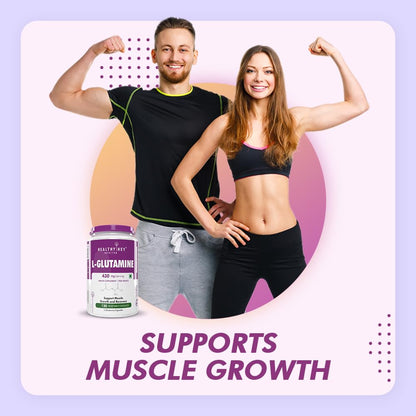 Two people flexing muscles with a bottle of L-Glutamine supplement on a light purple background.
