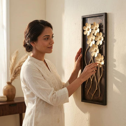 Premium Golden Floral Metal Wall Decor with Antique Brown Rectangular Frame | 3D Flower Wall Art Hanging for Living Room, Bedroom, Hallway & Home Decoration