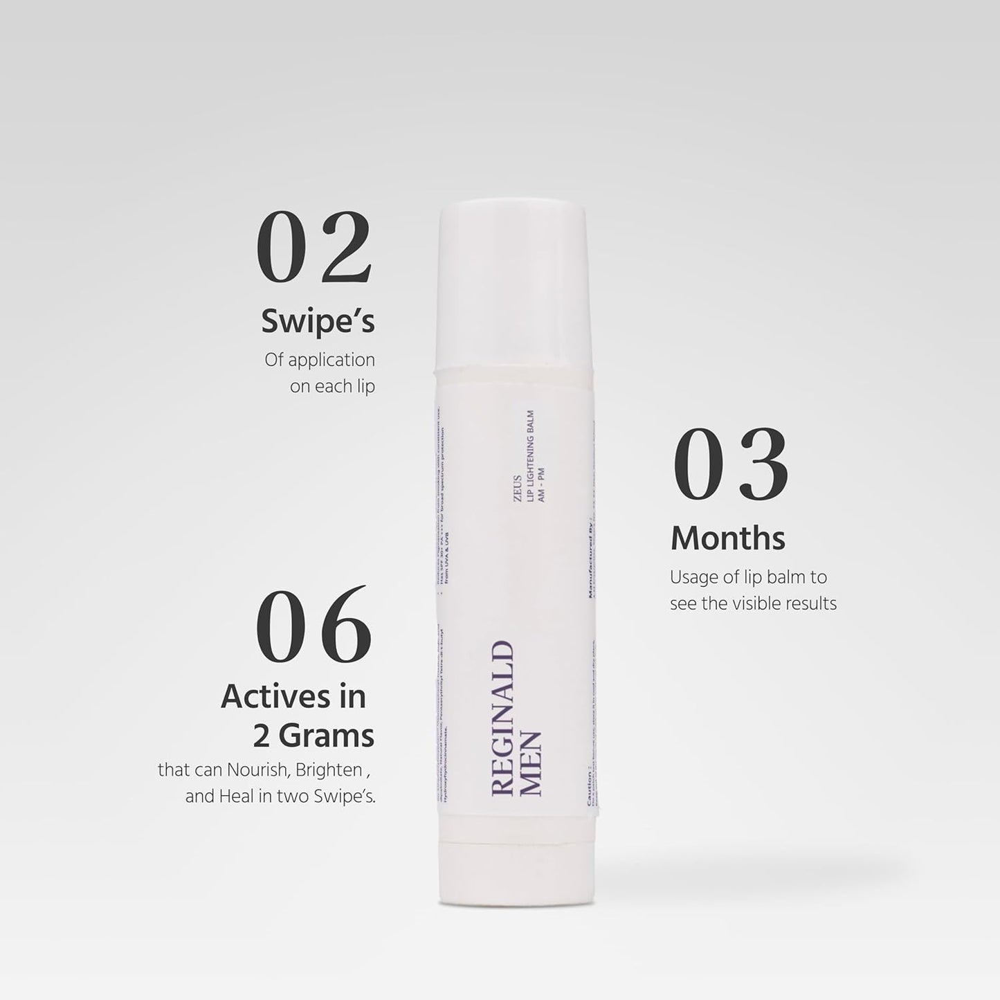 Lip balm packaging with text on a white background