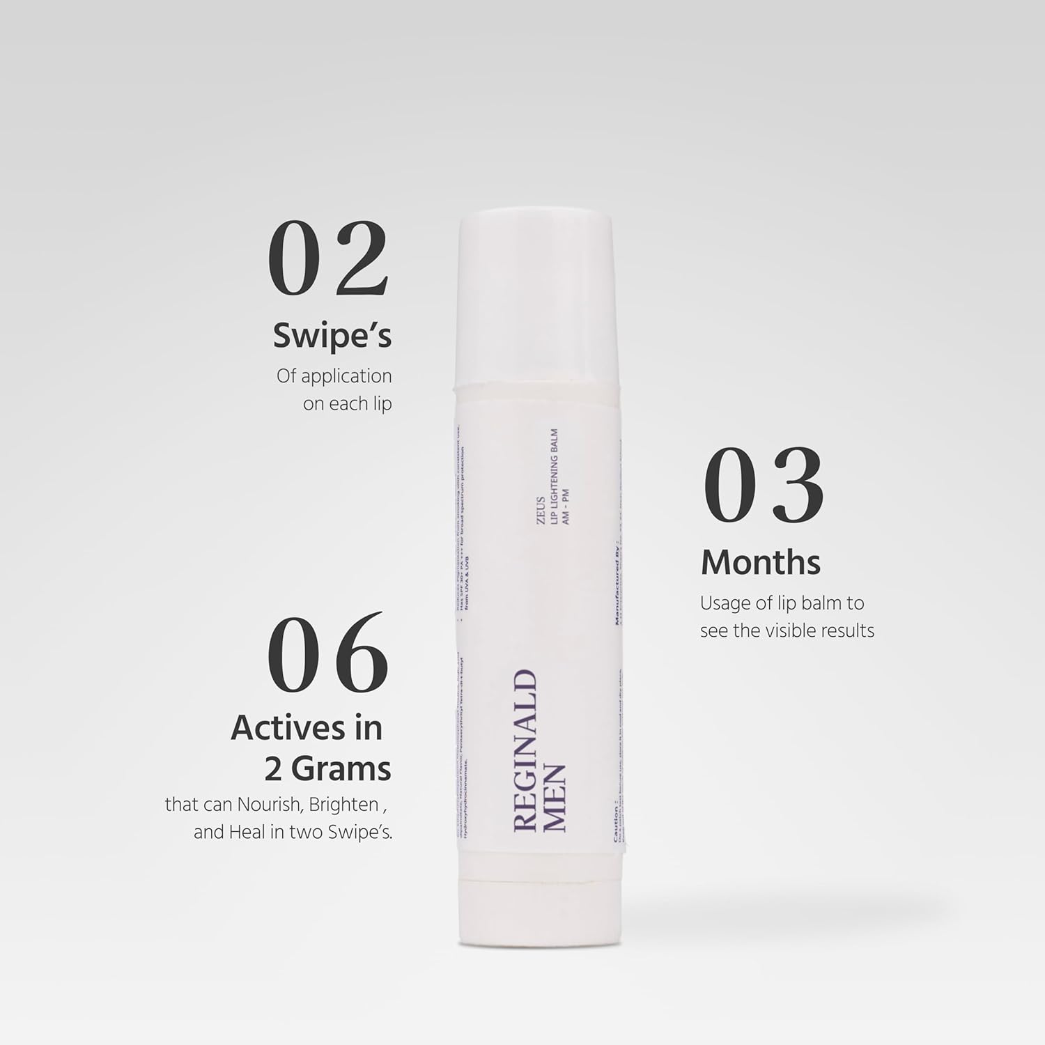 Lip balm packaging with text on a white background