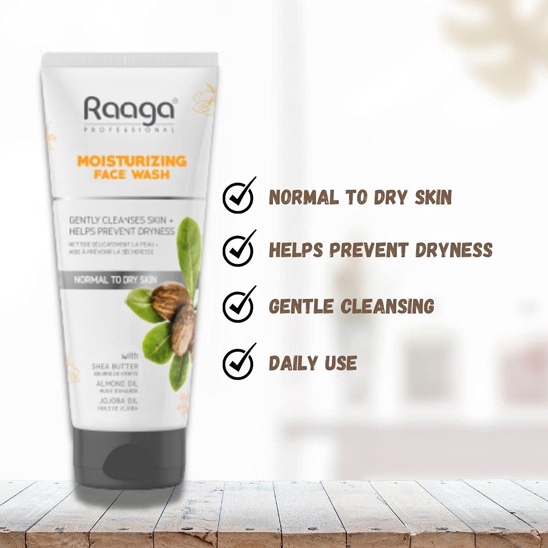 Raaga Moisturizing Face Wash tube with benefits listed on a wooden surface