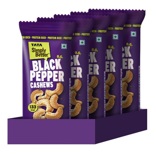 Tata Simply Better O.G Black pepper Cashews, 23g (Pack of 5), Rich in Protein, Party Snack, Delicious Kaju Nuts, Ready To Eat Snack, No Palm Oil, No Trans Fat