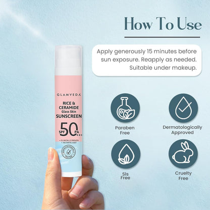 Glamveda Rice & Ceramide Dewy Sunscreen SPF 50 PA+++ | Transparent, Ultra lightweight gel cream | No White Cast, Water & Sweat Proof | For Dry & Sensitive Skin Types 50 ml