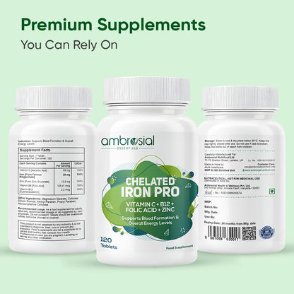 Three bottles of ambrosial Chelated Iron Pro supplement on a light green background