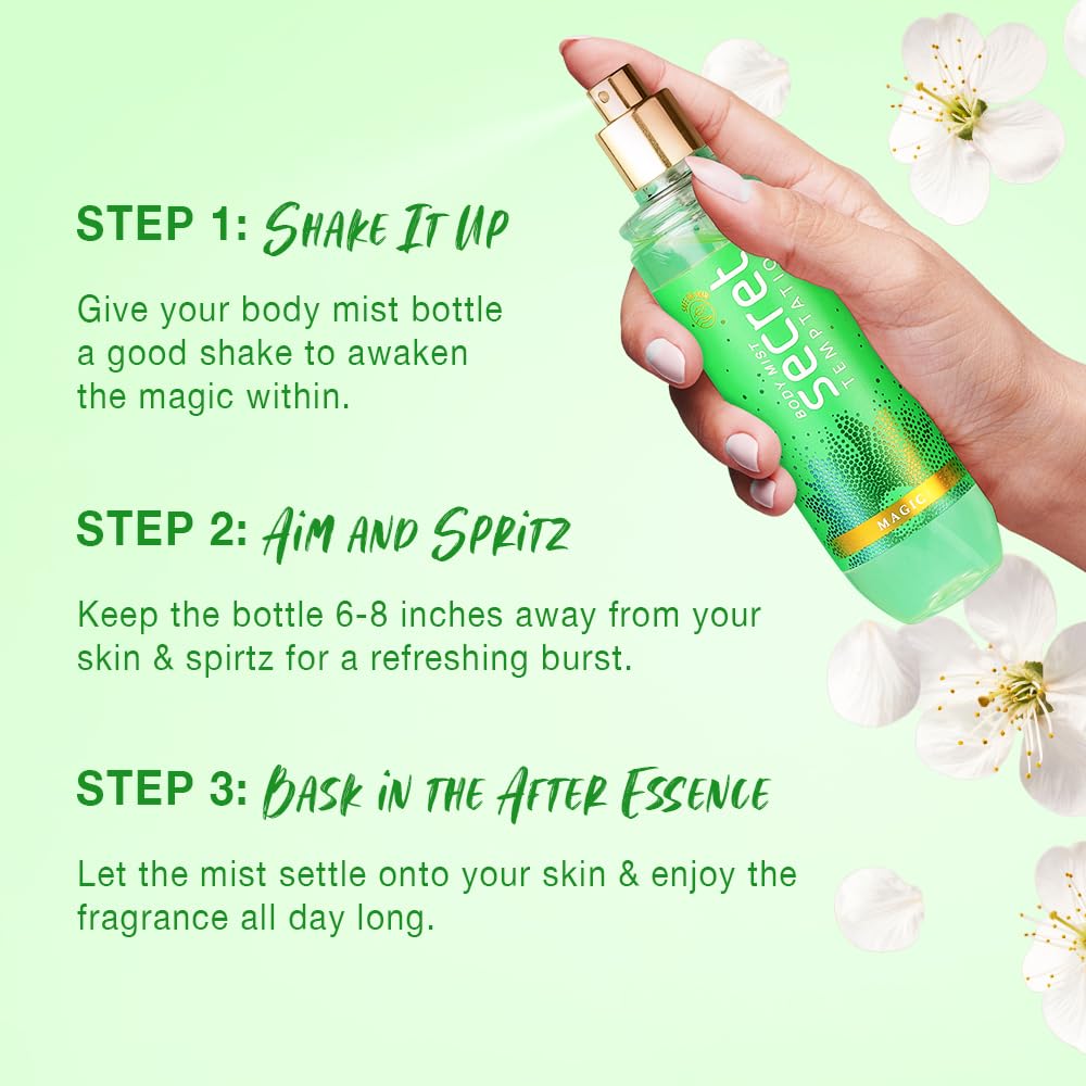 Sela's body mist bottle with usage instructions on a green background with flowers.