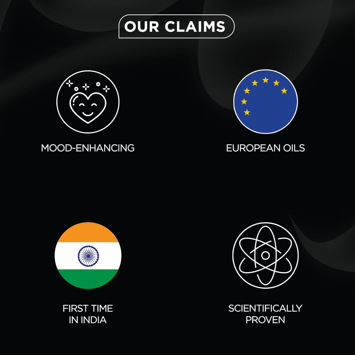 Set of icons and text on a black background, featuring claims about mood-enhancing effects, European oils, first-time in India, and scientifically proven.
