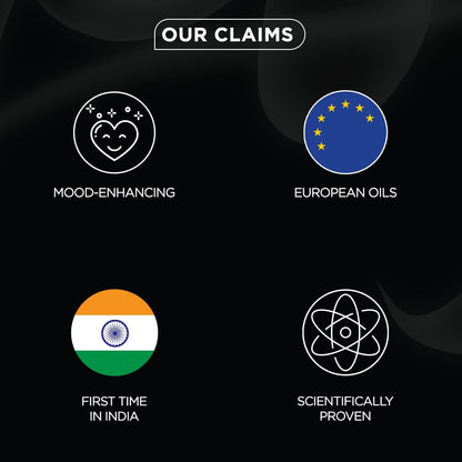 Set of icons and text on a black background, featuring claims about mood-enhancing effects, European oils, first-time in India, and scientifically proven.