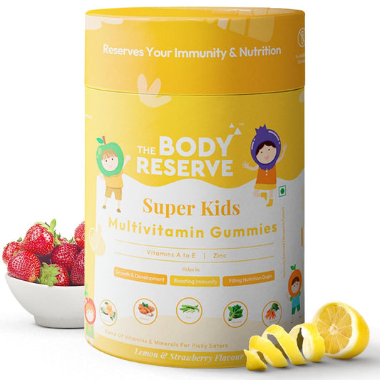 Body Reserve Super Kids Multivitamin Gummies packaging with strawberries and lemon on a white background