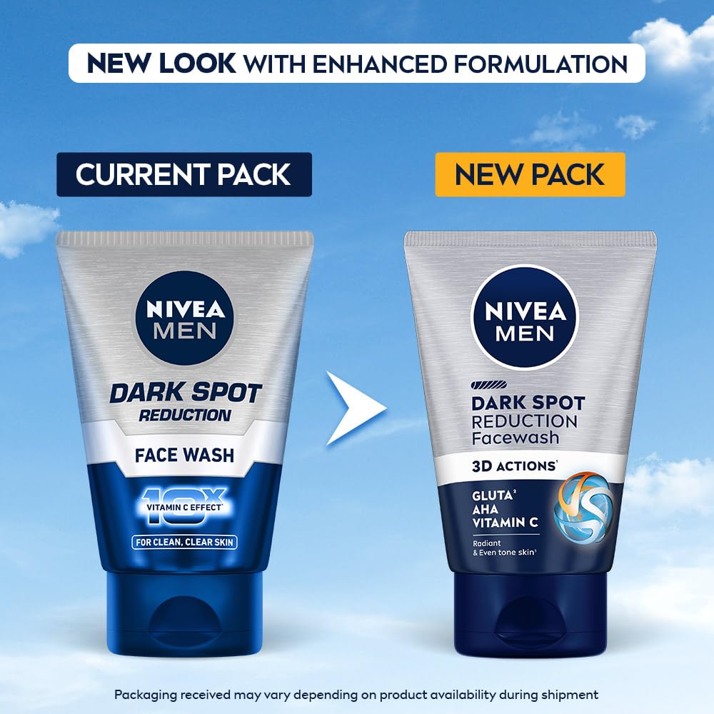 Comparison of Nivea Men Dark Spot Reduction Face Wash current and new packaging on a blue sky background.