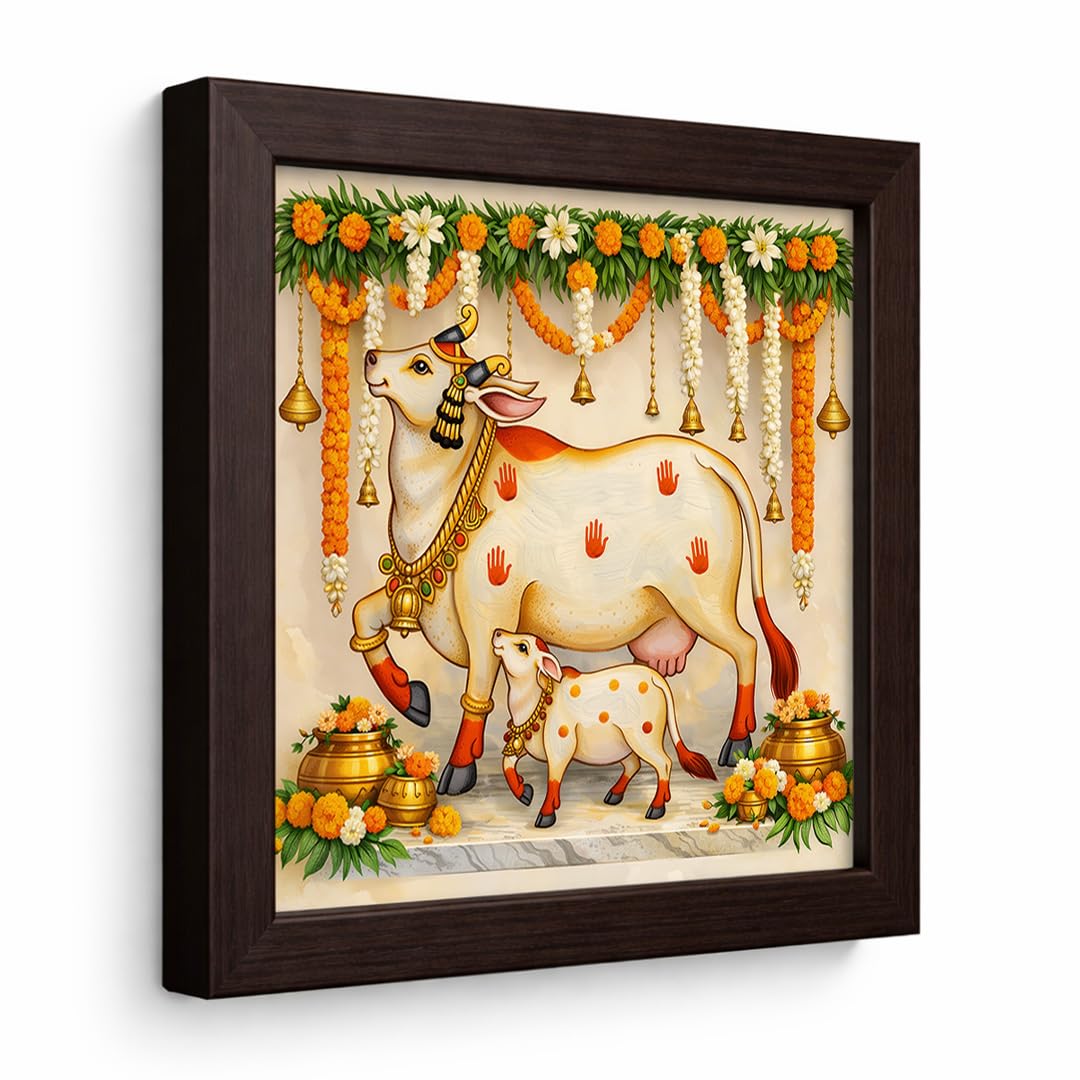 Kamdhenu Divine Vastu Sacred Cow Calf Hindu Spiritual Religious Pooja Mandir Traditional Indian Framed Poster Artwork Decor Painting