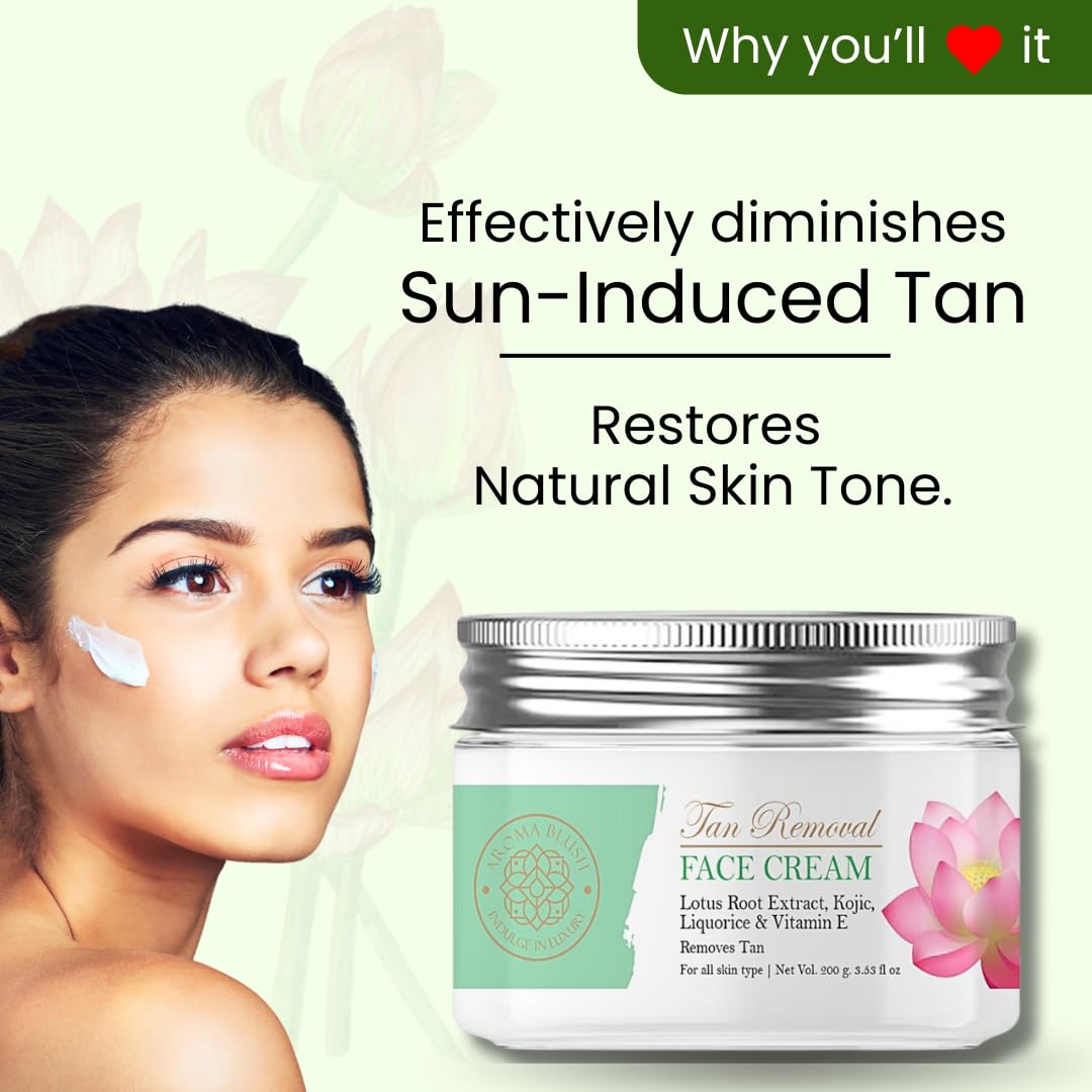 Face cream jar with a woman's face showing tan reduction, on a light green background.