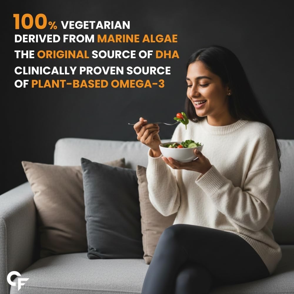 Woman sitting on a couch holding a bowl of salad with text about vegetarian food source.