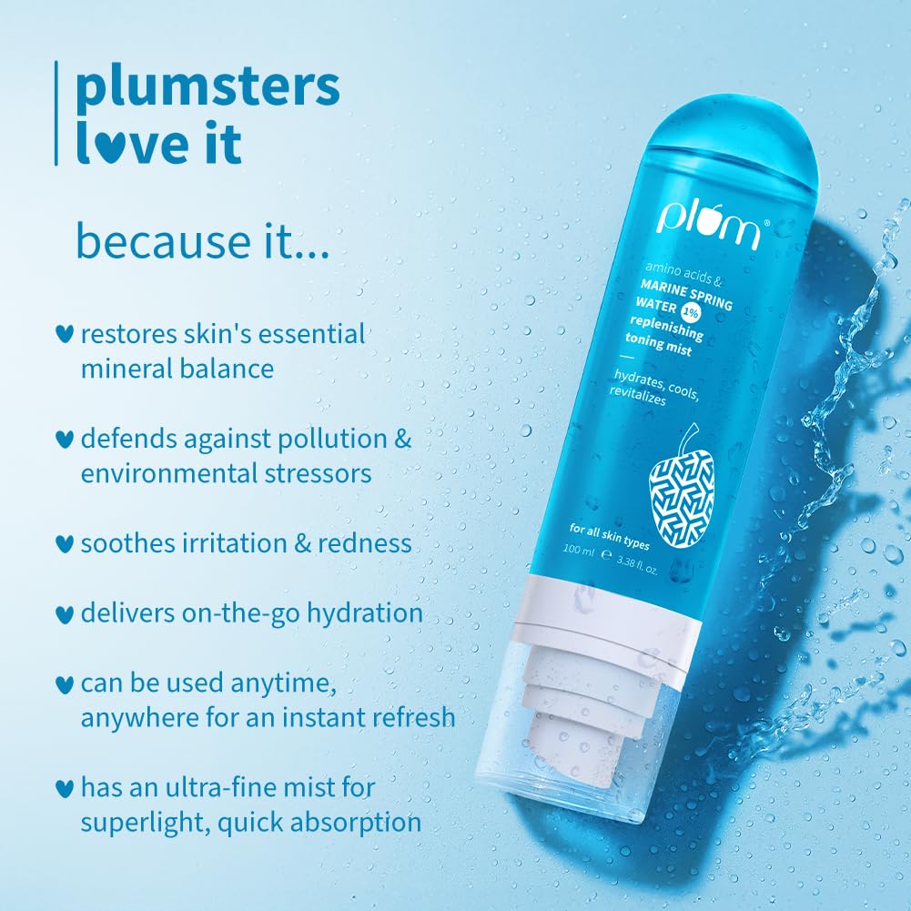Plum 1% Marine Spring Water Replenishing Toning Mist Spray with Amino Acids | Hydrates, Cools & Revitalizes | with Active Minerals | On-the-go Soothing Face Mist | Face Toner for Women & Men | Suits All Skin Types | 100ml