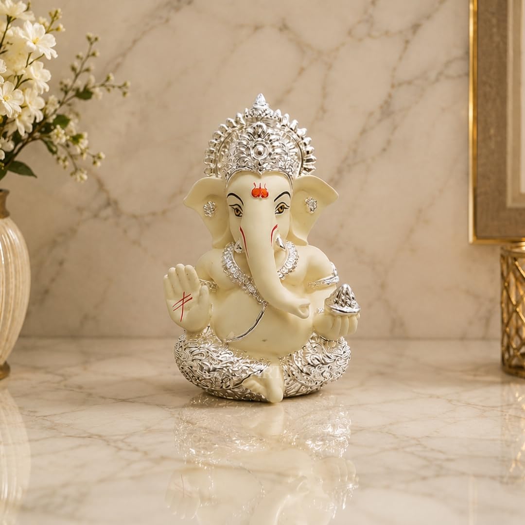 Gold Art Indiagold And Silver Plated Ganesha Idol Silver Chandan Ganesh Idol For Car Dashboard Ganesha Murti Ganpati Idol For Home Decor Puja Lord Ganesh Statue Gift For Office Desk Puja Room Figurine