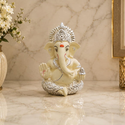 Gold Art Indiagold And Silver Plated Ganesha Idol Silver Chandan Ganesh Idol For Car Dashboard Ganesha Murti Ganpati Idol For Home Decor Puja Lord Ganesh Statue Gift For Office Desk Puja Room Figurine