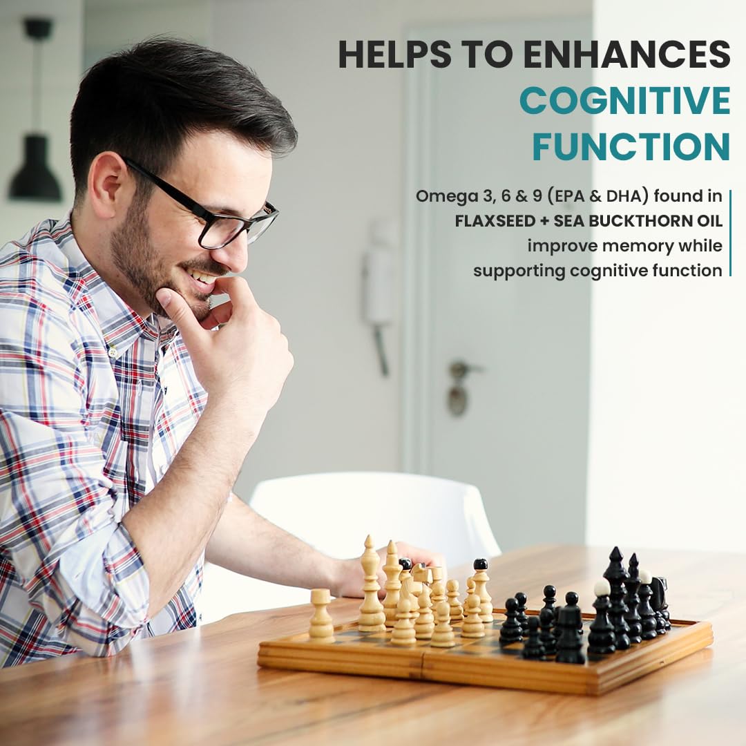 Man playing chess with text about omega-3 supplements enhancing cognitive function.