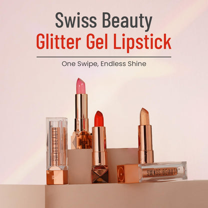Swiss Beauty glitter gel lipstick with three lipsticks on a beige background