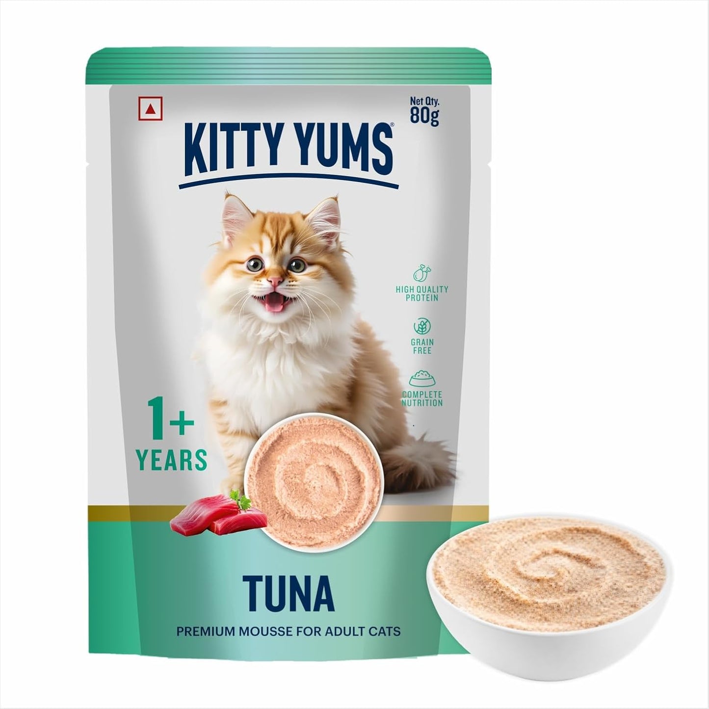 Kitty Yums Adult Cat Wet Mousse 80g | Tuna | Rich in Protein | Promotes Hydration & Easy to Digest | Grain Free | No Artificial Flavours | Packed with Essential Vitamins & Antioxidants