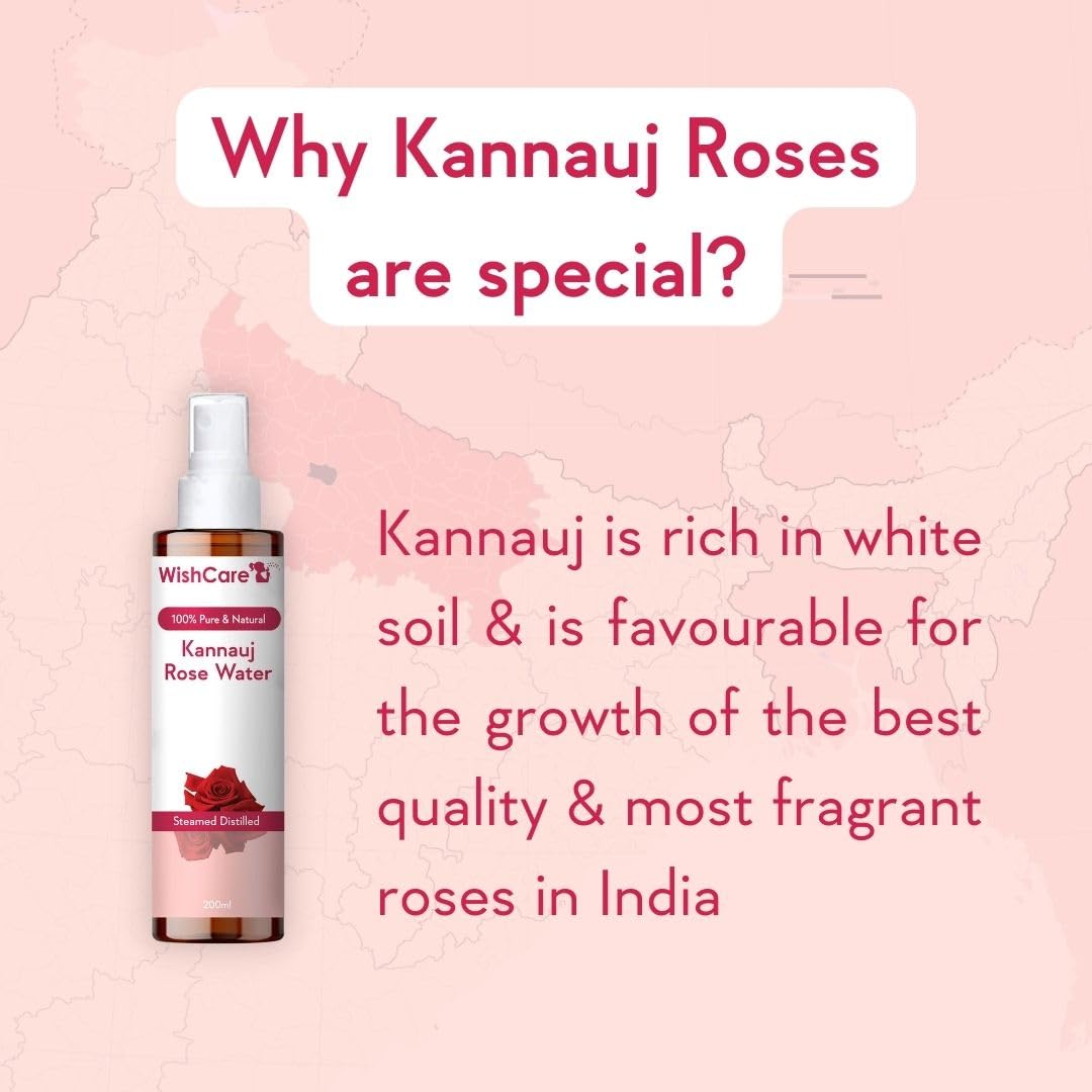 WishCare Kannauj Rose Water bottle with text on a pink background