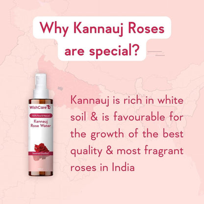 WishCare Kannauj Rose Water bottle with text on a pink background