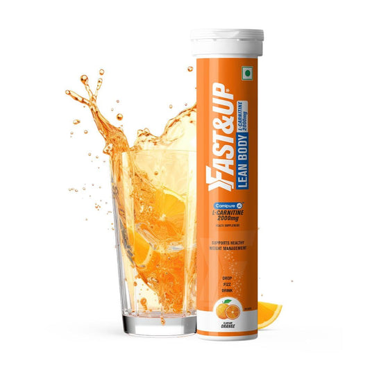 Fast&Up supplement tube with an orange drink splash on a white background