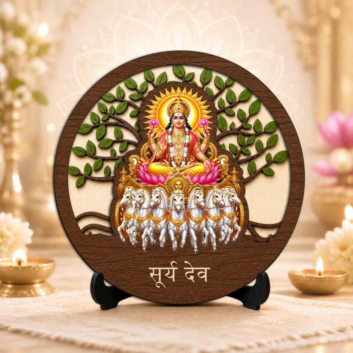 Plan To Gift Surya Dev Premium Wooden God Idol for Indoor Temple, Living Room Shelf, Work Desk & Puja Decor - 5x5 Inch