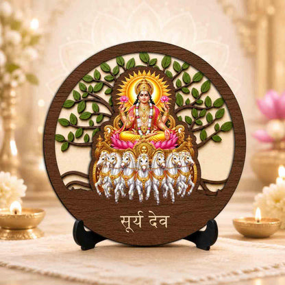 Plan To Gift Surya Dev Premium Wooden God Idol for Indoor Temple, Living Room Shelf, Work Desk & Puja Decor - 5x5 Inch