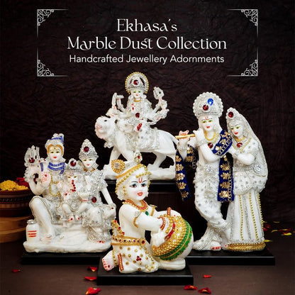 Aura Series Marble Dust Radha Krishna Murti (8 inch, Medium Size) | Gemstone Zircon Studded Radha Krishna Statue | Resin Radha Krishna Idol | Radhe Krishna ki Murti for Pooja, White, Religious
