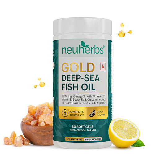 Neuherbs Gold Deep Sea 6X Omega 3 Fish Oil Capsules - 60 Softgels | EPA - 1080mg & DHA - 720mg | Vitamin E & D3 For Muscle, Brain & Joints Support | Lemon Flavour | No Fishy Burps| Heavy Metals Tested
