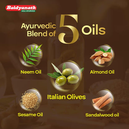 Baidyanath Oli Oil | Herbal Body Oil with Italian Olive Oil, Almond Oil, Neem, Sandalwood & Sesame Oils, Haldi & 5 Herbs | With Vit E & Antioxidants | Nourishes Dry Skin, Non-Sticky & Fast Absorbing | 500ml
