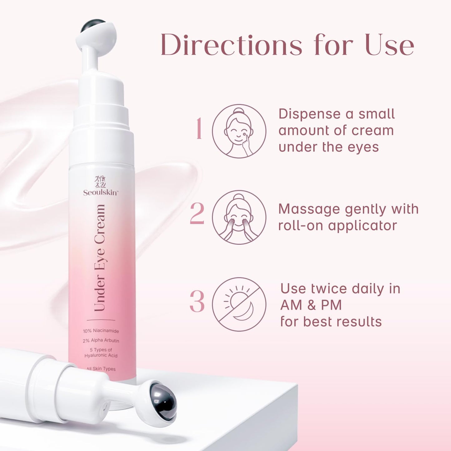 Seoulskin under eye cream | dark circles removal for women and men | Under Eye Gel to Reduce Dark Circles, Puffiness & Wrinkles With Built-in Cooling Massage Roll-On Applicator | 5% Niacinamide, 2% Alpha Arbutin | 15 ml