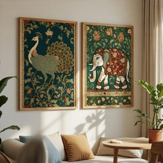 Set of 2 Peacock and Elephant Wall Art Premium MDF Wooden Color Framed HD UV Printed Traditional Indian Painting for Living Room Bedroom Home Decor 13.5 Inch x 19.5 Inch