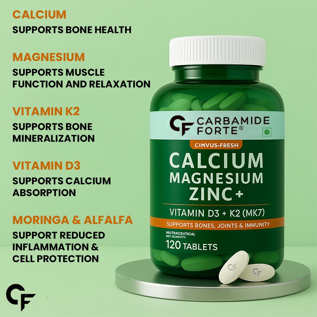 Carbamide Forte Calcium & Vitamin D3 Tablets | Calcium Magnesium Zinc - Bone Health & Joint Support - 120 Tablets, 227 Grams