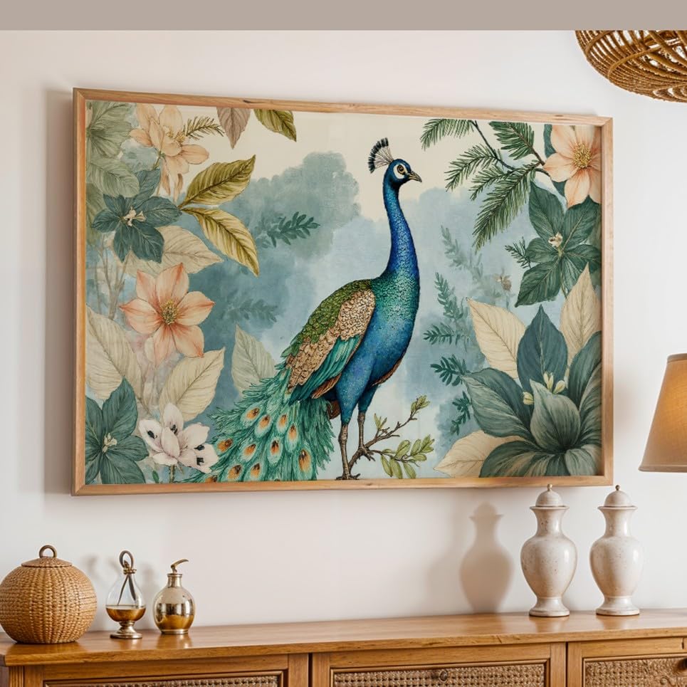 Peacock Wall Painting with Frame Set of 1 | Premium Botanical Bird Artwork, Floral Nature Inspired Decorative Wall Art for Living Room, Bedroom, Office and Home Decoration (3D Art-12,13x19inch)