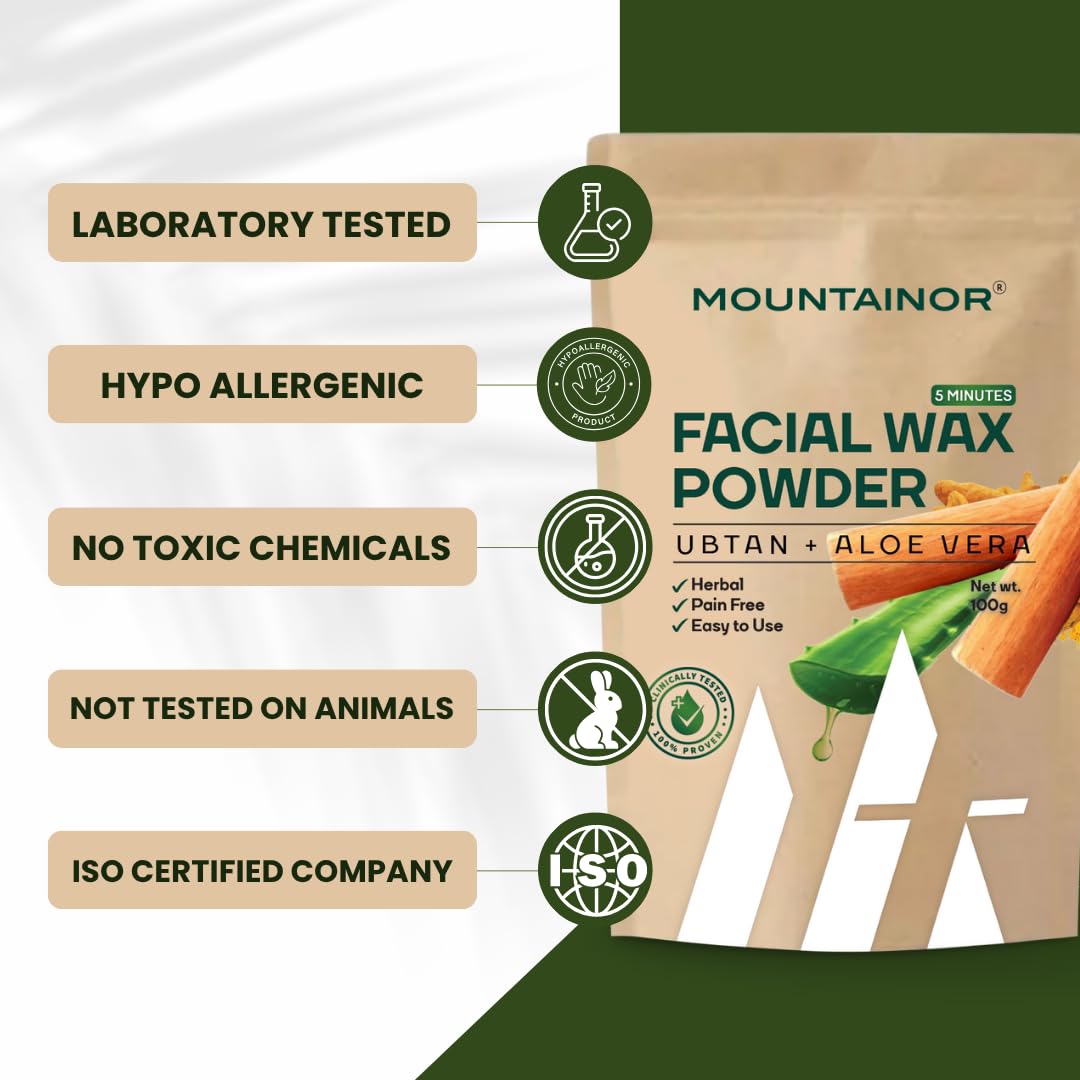 Mountainor facial wax powder packaging with product details on a white background