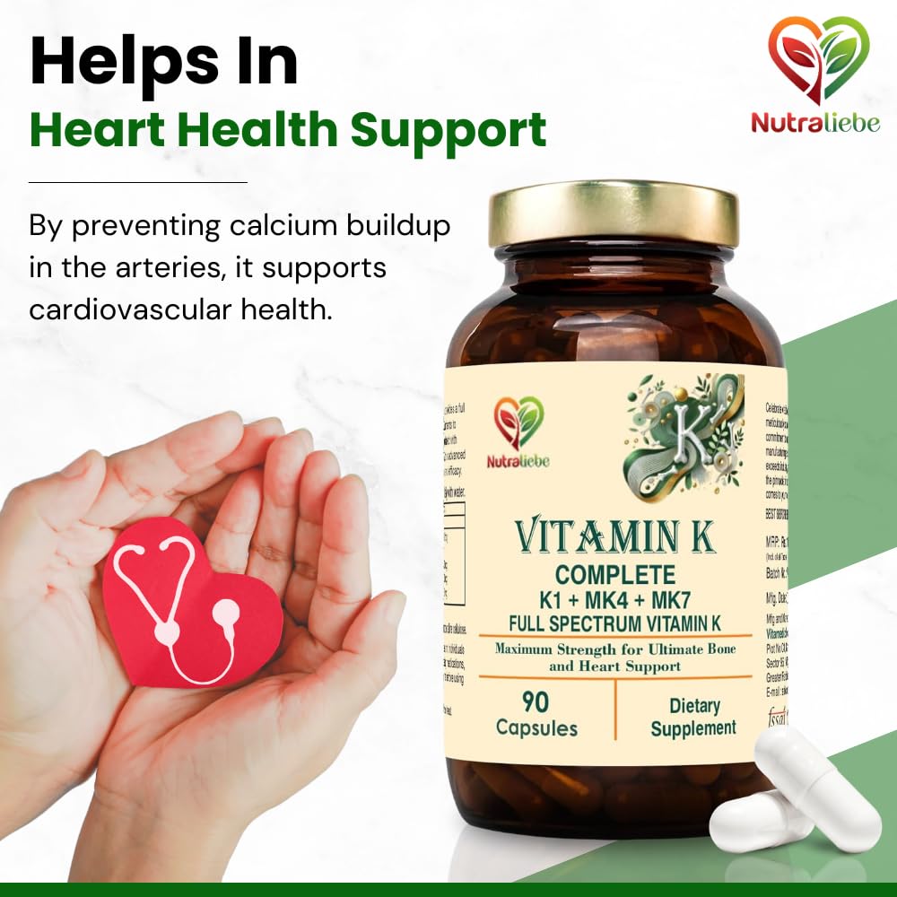 Nutraliebe Vitamin K Complex - High Potency, Includes Vitamin K1 (Phytomenadione) & Vitamin K2 (MK-4, MK-7), Non-GMO, 90 Capsules