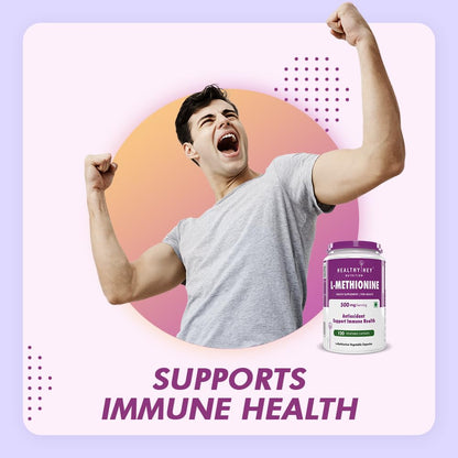 Person with arms raised next to a supplement bottle on a colorful background