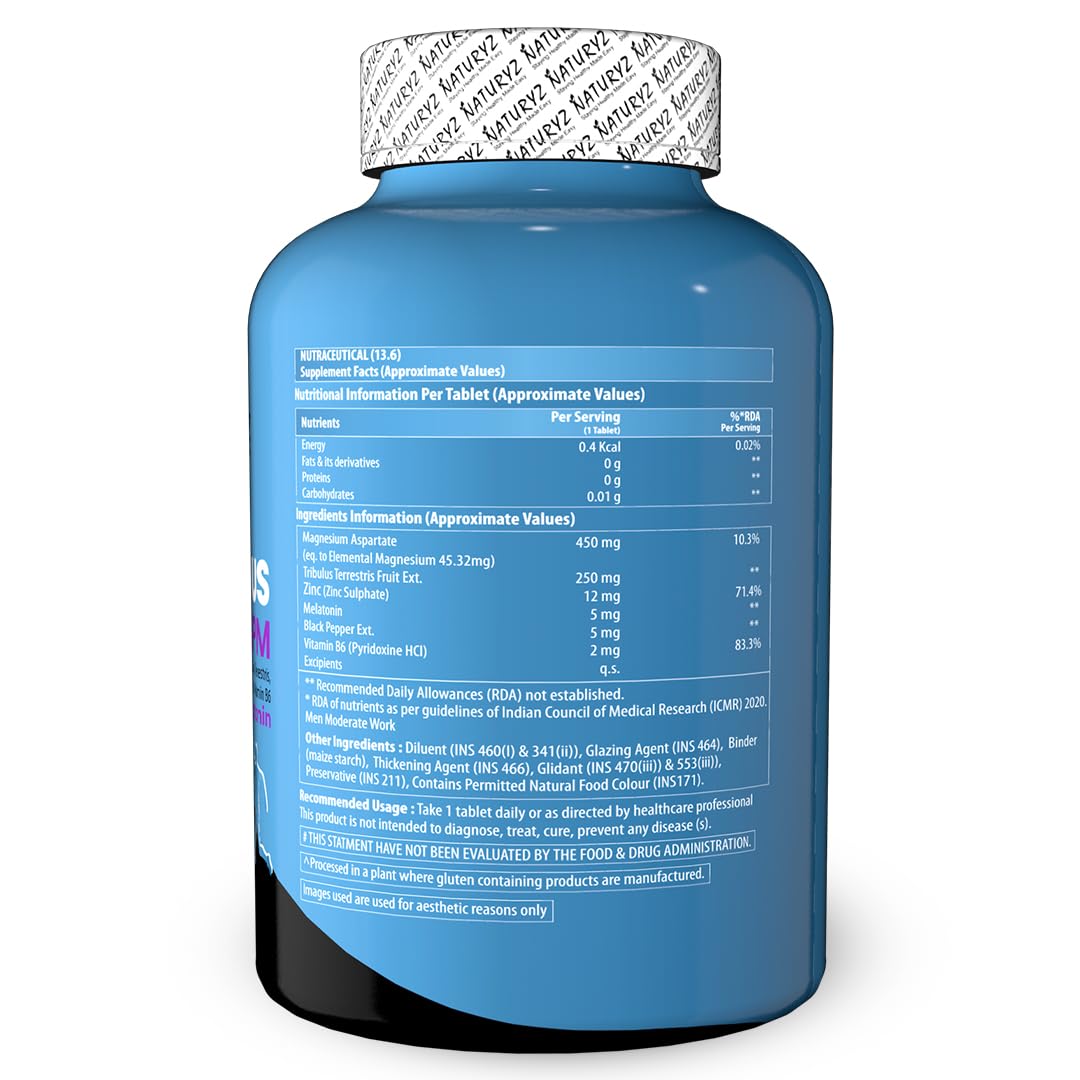 Blue supplement bottle with white label on a white background