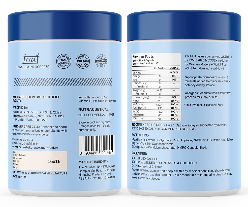 MyFitFuel Iron (3 Months) + Folic Acid, Zinc, Vitamin C & B12 Supplement For Hemoglobin, Immunity & Energy, (90 Capsules)