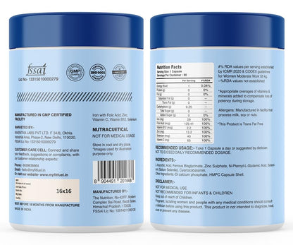 MyFitFuel Iron (3 Months) + Folic Acid, Zinc, Vitamin C & B12 Supplement For Hemoglobin, Immunity & Energy, (90 Capsules)