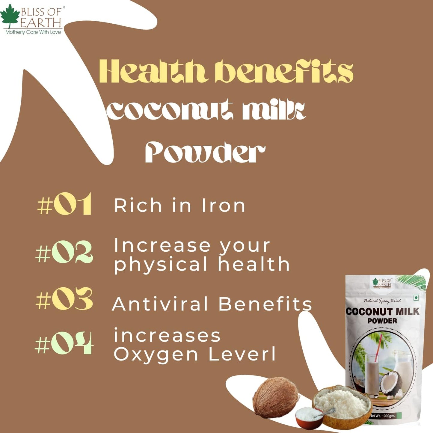 Bliss Of Earth Coconut Milk Powder 200GM Natural Spray Dried Great for Coffee, Tea and Gravy