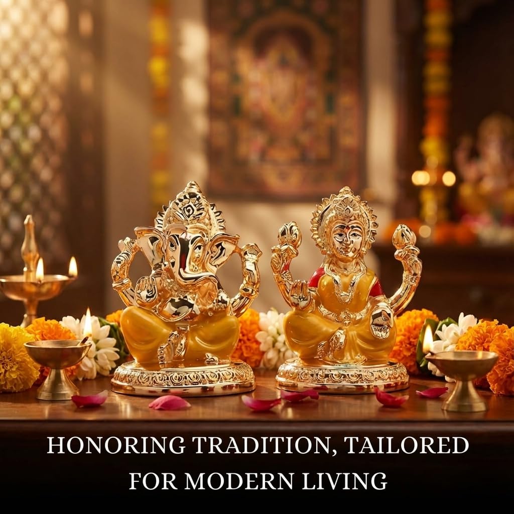 Gold Plated Laxmi Ganesh Idols for Pooja Room, Car Dashboard, Gifting, Table and Home Decor - Resin - 3x2 Inches (Yellow)