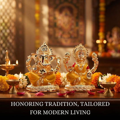Gold Plated Laxmi Ganesh Idols for Pooja Room, Car Dashboard, Gifting, Table and Home Decor - Resin - 3x2 Inches (Yellow)