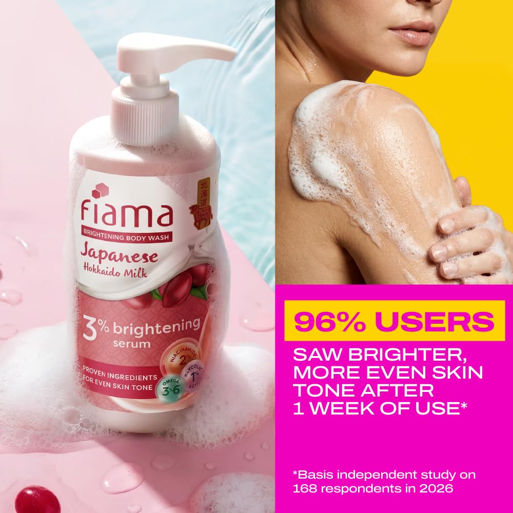 Fiama 3% Brightening Serum Body Wash 250ml | 2% Niacinamide, 1% Glycolic Acid, Omega 3 & 6 Fatty Acids Shower Gel, Fights Dullness & Evens Skin tone | Exotic Japanese Hokkaido Milk, Raspberry Smoothie Fragrance